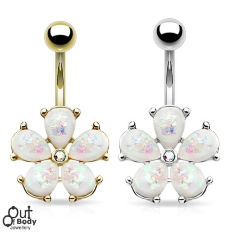 Opal Glitter Petals with Crystal Center Flower Belly Navel Ring