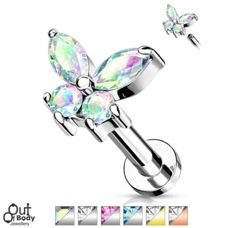 Butterfly CZ Top Labret Stud Internally Threaded for Lip Cartilage