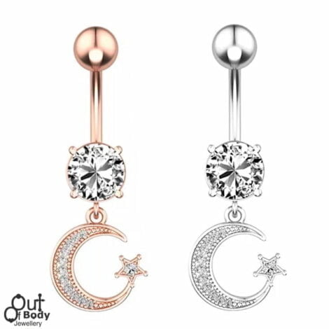 Prong CZ with Moon and Star Dangle Belly Ring