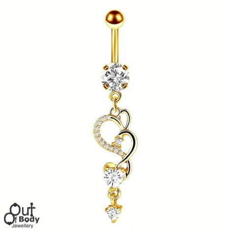 Prong Round CZ with Dangle Hearts Belly Navel Ring