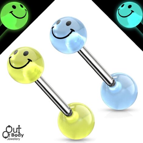 Glow in the Dark Happy Smile Printed Tongue Nipple Barbell