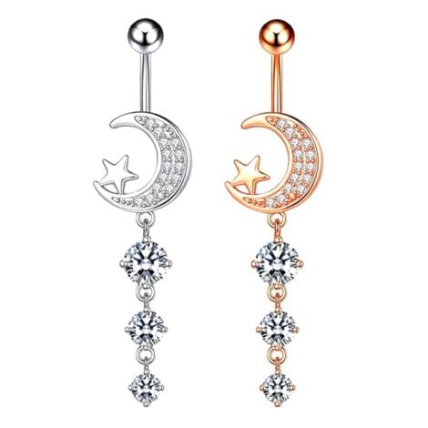 Crescent Moon Star Set with Triple CZ Dangle Belly Ring