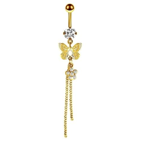 CZ Belly Ring with Layered Butterflies, Chains and Flower Charm