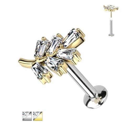 Baguette CZ Leaf Labret with Threadless Push In Top Internally Threaded
