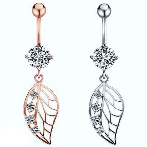 Prong CZ Belly Ring with Jewelled Leaf Dangle