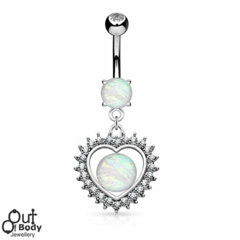 Opal Glitter Set Crystal Paved Heart Dangle Belly Navel Ring