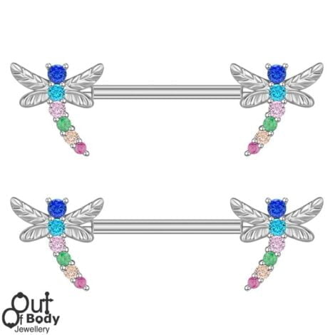 Dragonfly with Rainbow Crystals Nipple Ring