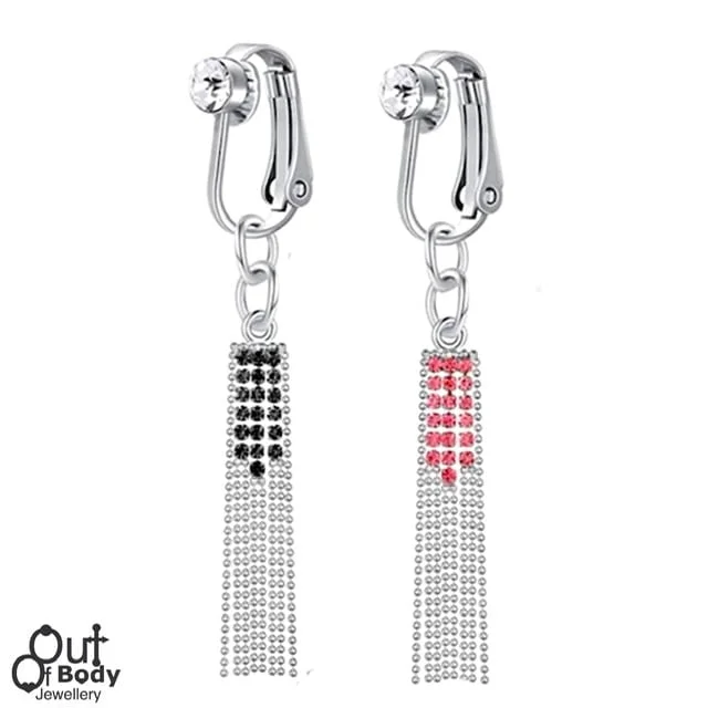 Fake Clip On Belly Ring with Gem Top and Crystal Chain Tassel