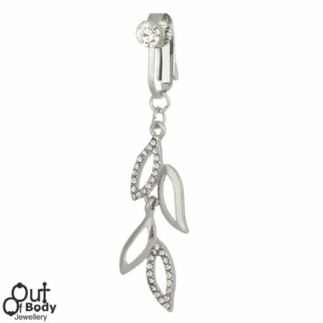 Fake Clip On Belly Ring with Gem Top and Crystal Paved Leaf Dangle