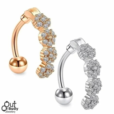 Reverse Bar Belly Ring with Crystal Set Daisy Flower Cuff