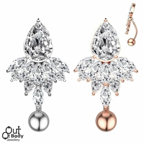 Reverse Bar Belly Ring with Marquise CZ Waterfall