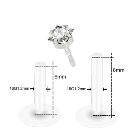 Bioplast CZ Prong Set Square, Push Fit Top Labret Stud with Bonus Bar - Image 3