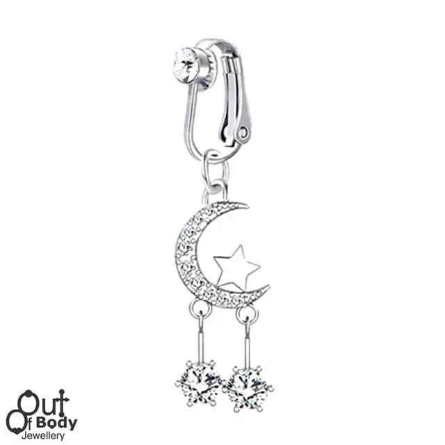 Fake Clip On Belly Ring Crystal Paved Moon with CZ Dangles