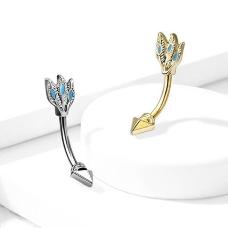 Arrow with Turquoise Feathers Curved Barbell Eyebrow, Rook Ring - Image 2