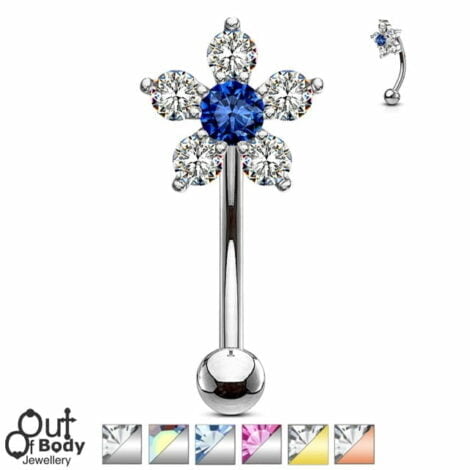 Double Tiered 6 CZ Flower Eyebrow Daith Ring/ Curved Barbell