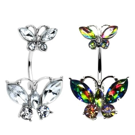 Clear and Vitrail Zircon Double Butterfly Belly Ring