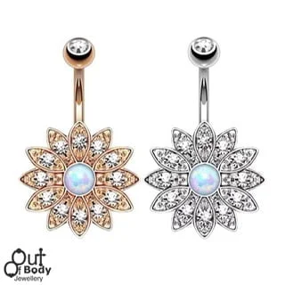 Crystal Lotus Flower with Centered Opal Belly Ring - Image 1