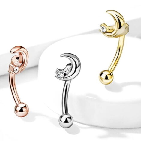 Crescent Moon Set with Crystal Curved Eyebrow Rook Belly Ring - Image 2
