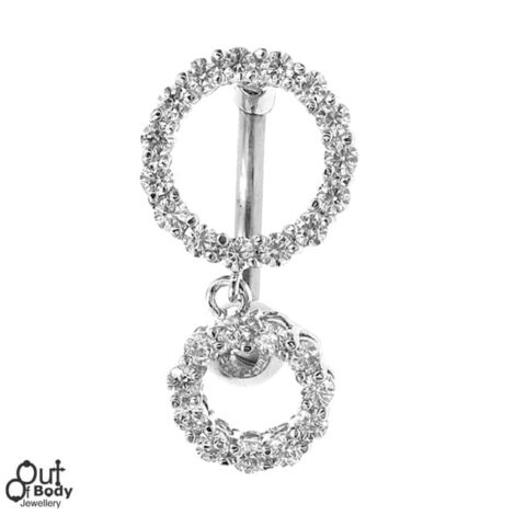 Reverse Bar Dangling Crystal Paved Circles Belly Ring - Image 1