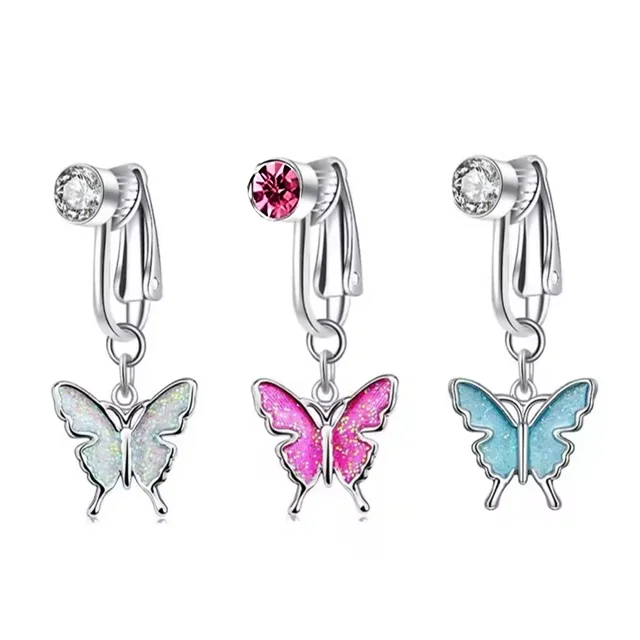 Fake Clip On Belly Ring with Gem and Dangle Glitter Butterflies