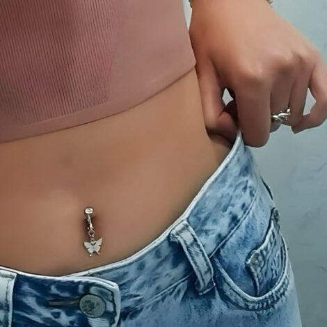 Fake Clip On Belly Ring with Gem and Dangle Glitter Butterflies - Image 4