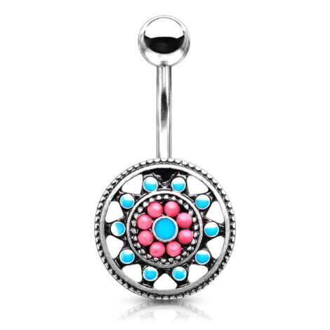 Aztec Tribal Sun Turquoise Enamel and Beads Belly Navel Rings - Image 2