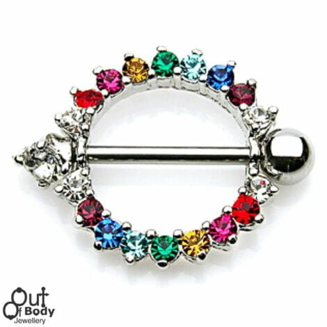 CZ Rainbow Gem Nipple Shield Ring with Prong CZ End