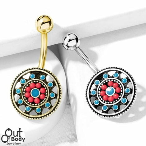 Aztec Tribal Sun Turquoise Enamel and Beads Belly Navel Rings