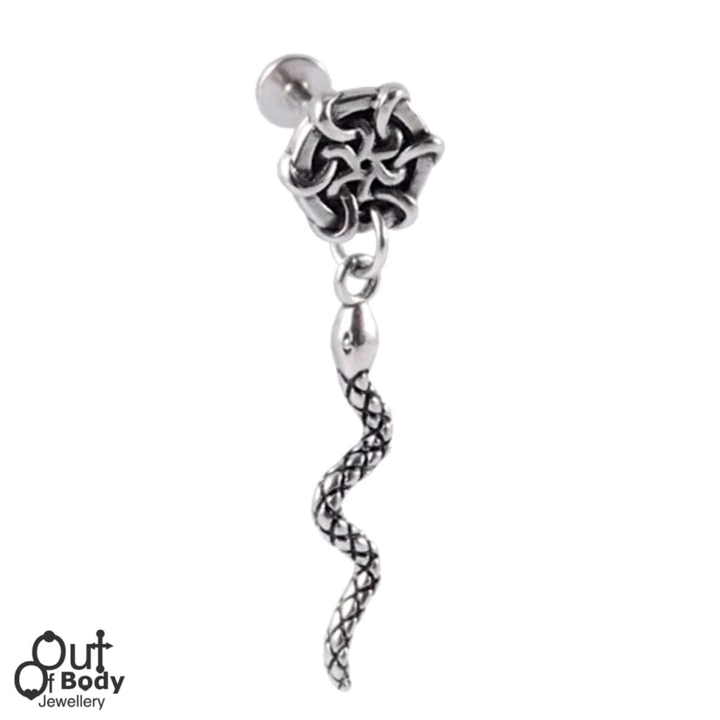 Ear Cartilage Labret Stud with Dreamcatcher and Dangle Serpent