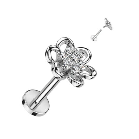 Hollow Petal Top With CZ Flower Center Labret, Cartilage, Flat Back Stud - Image 3