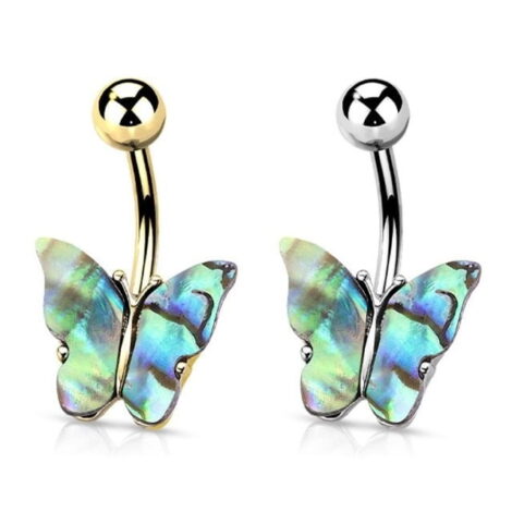 Abalone Shell Covered Butterfly Navel Belly Button Ring - Image 2