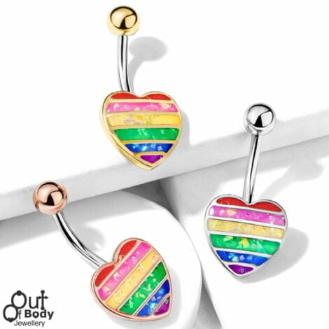 Rainbow Opal Glitter Filled Heart Belly Button Navel Rings