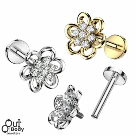 Hollow Petal Top With CZ Flower Center Labret, Cartilage, Flat Back Stud