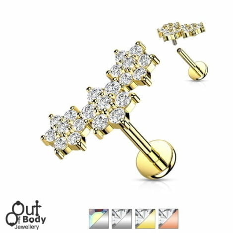Triple Row CZ Flower Top Labret, Cartilage Stud