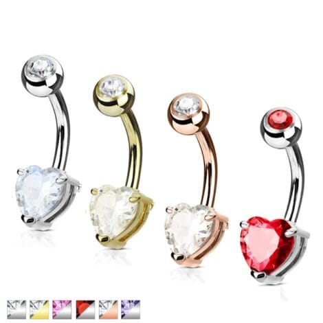 Double Gemmed Solitaire Prong CZ Heart Navel Belly Ring