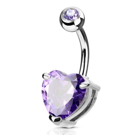 Double Gemmed Solitaire Prong CZ Heart Navel Belly Ring - Image 3
