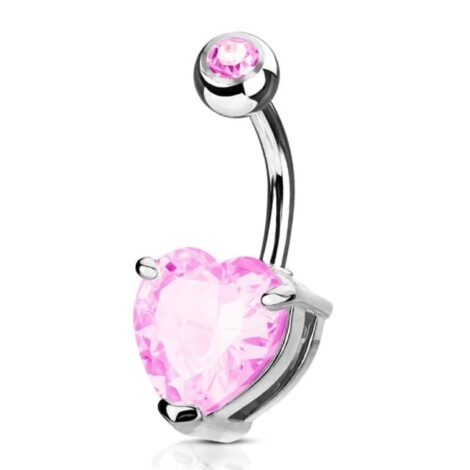Double Gemmed Solitaire Prong CZ Heart Navel Belly Ring - Image 2