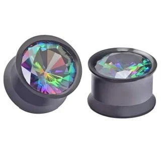 316L Steel Tunnel Pairs, Double Flared, Screw Fit with Rainbow CZ