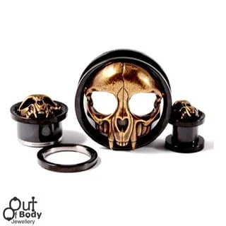 316L Steel Threaded Double Flare Black Tunnel Pairs with Bronzed Skull