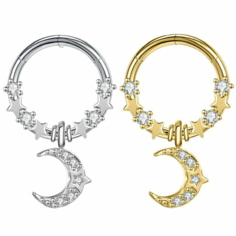 Hinged Segment Ring with Stars, CZ and Dangling Moon