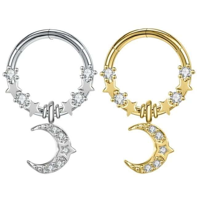Hinged Segment Ring with Stars, CZ and Dangling Moon