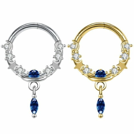 Hinged Segment Ring with Stars, CZ and Blue Marquise Dangle