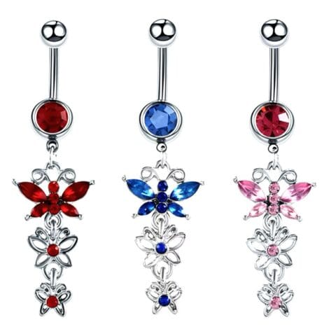 Marquise Gem Butterfly Belly Ring with Double Looped Butterflies