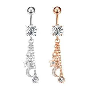 Celestial Belly Ring with Moon and Star Set Chains