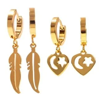 Small Hoop Huggie Earring Pairs with Feather or Heart Dangle - Image 1