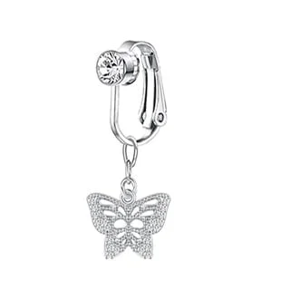 Fake Clip on Belly Ring with Gem Top and Crystal Butterfly