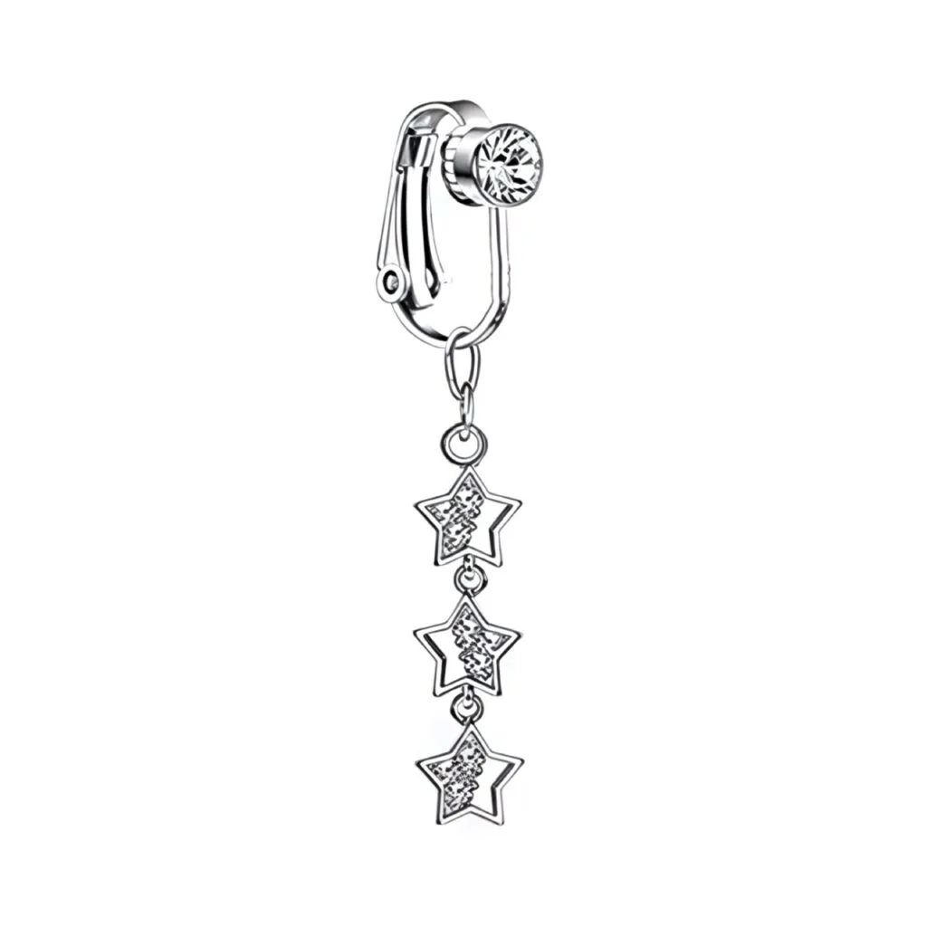 Fake Clip on Belly Ring with Gem Top and Triple Gem Stars
