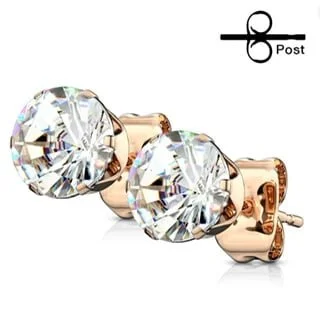 316L Surgical Steel Stud Earring Pairs Rose Gold IP w/ Round CZ