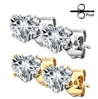 316L Surgical Steel Post Earring Pairs w/ Heart Shaped CZ