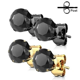 316L Surgical Steel Stud Earring Pairs w/ Round Black CZ
